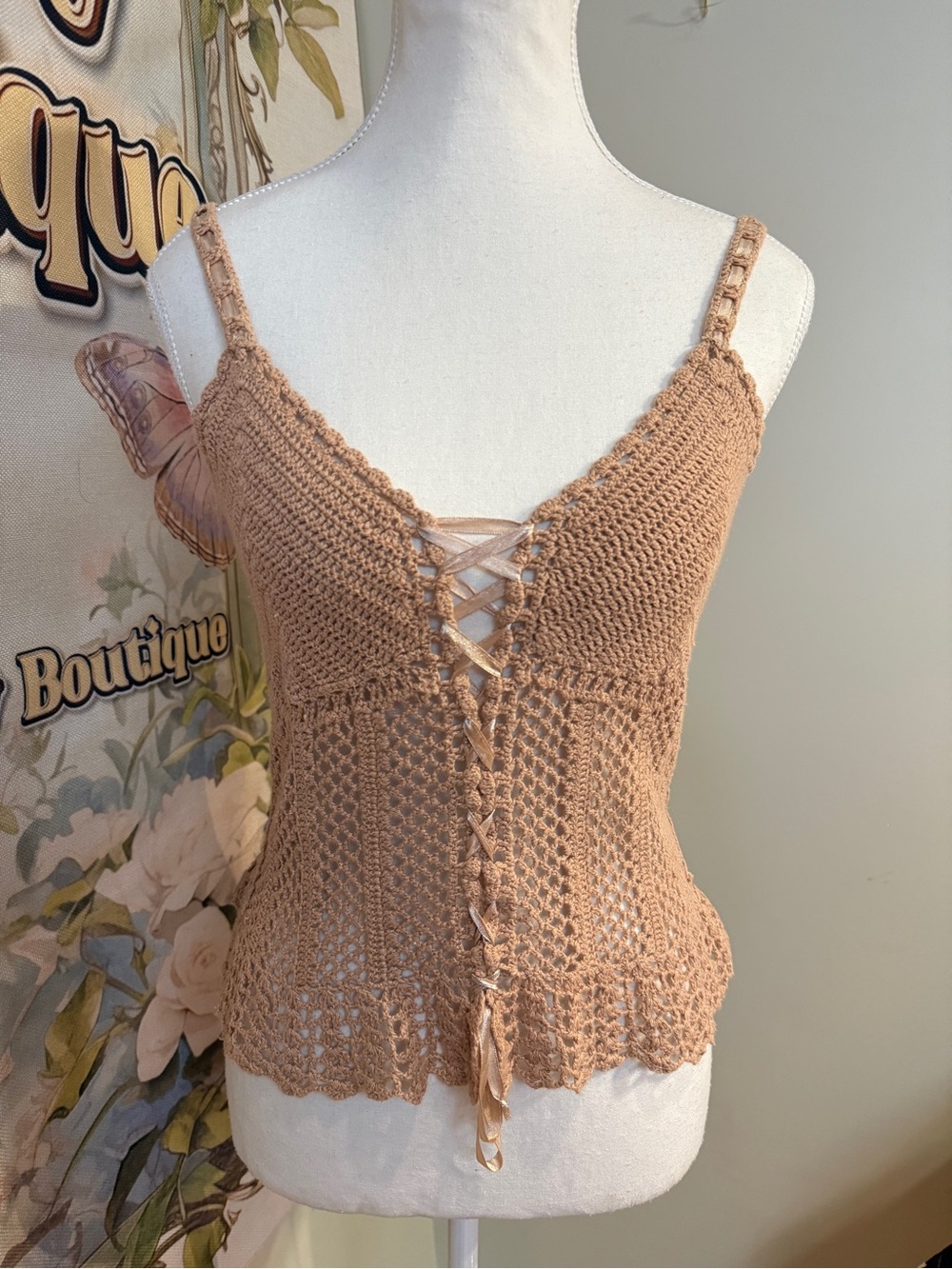 Crochet Lace-Up Cami Tank Top in Beige